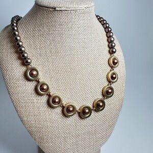 T Tahari Mixed Metal Faux Pearl Statement Necklace Gold Tone Modern Designer 21"